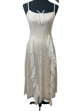 White Lace Angelcore Midi Dress with Cascade Ruffle Detail Fairycore Bridal